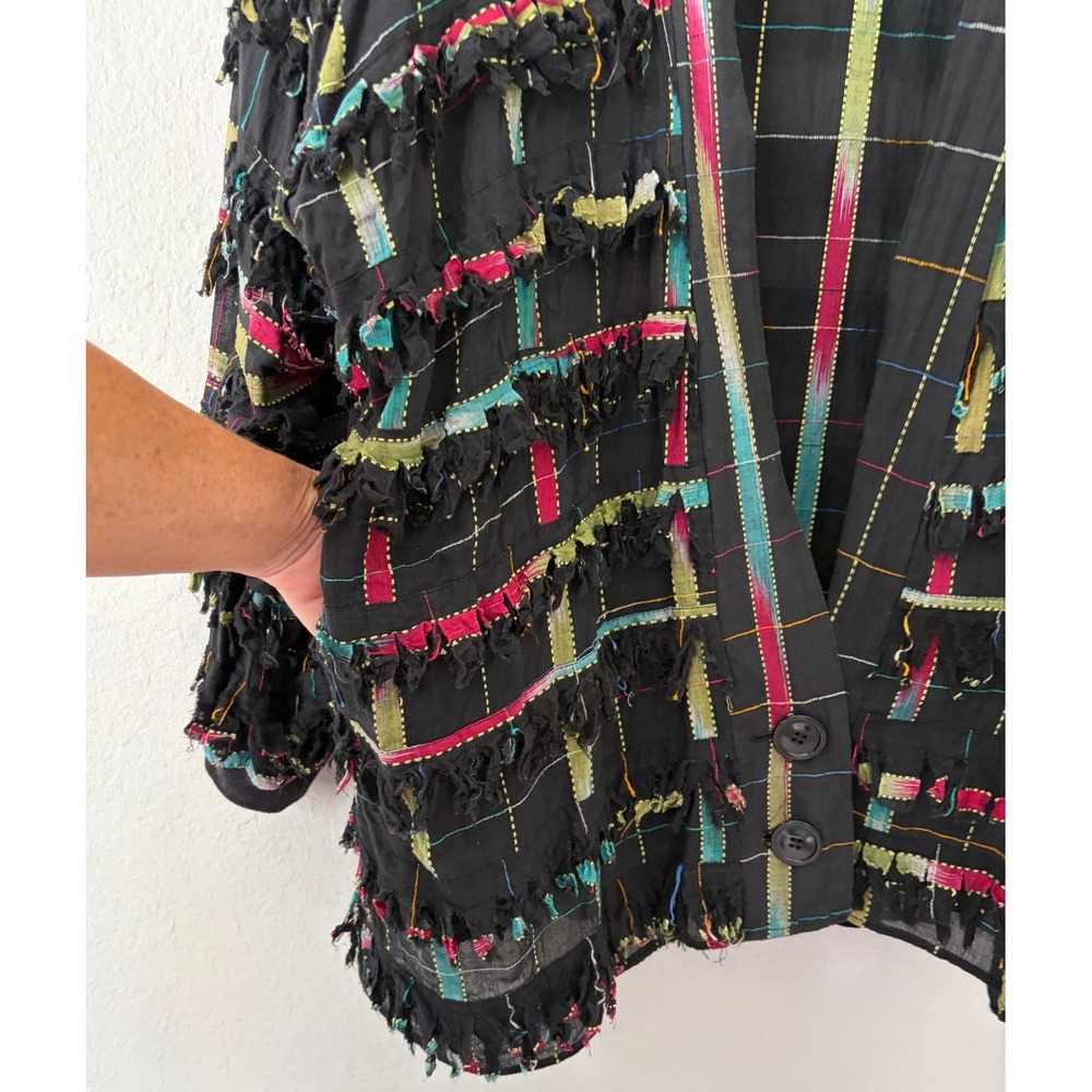 Paula Sweet Womens Muslin Mink Fringe Shredded Jacket L Multi Color Art To Wear - Picture 4 of 7